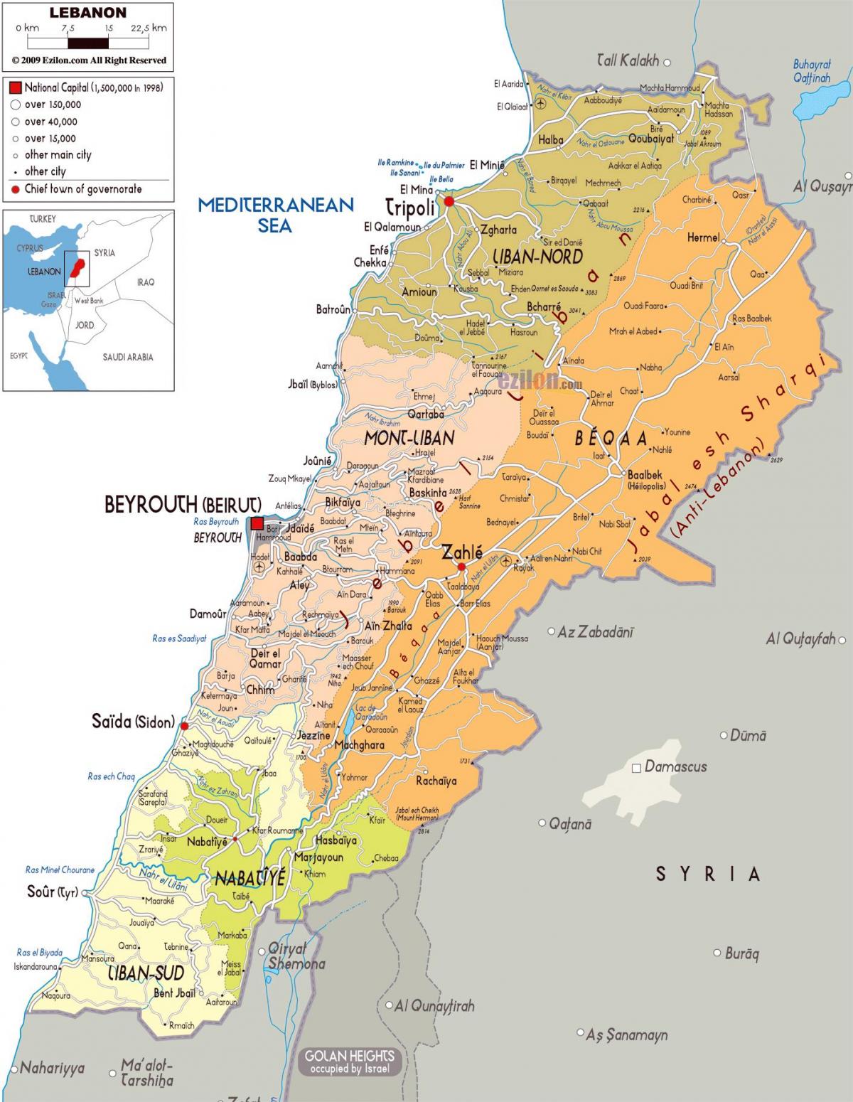 Libānas detalizētu karti
